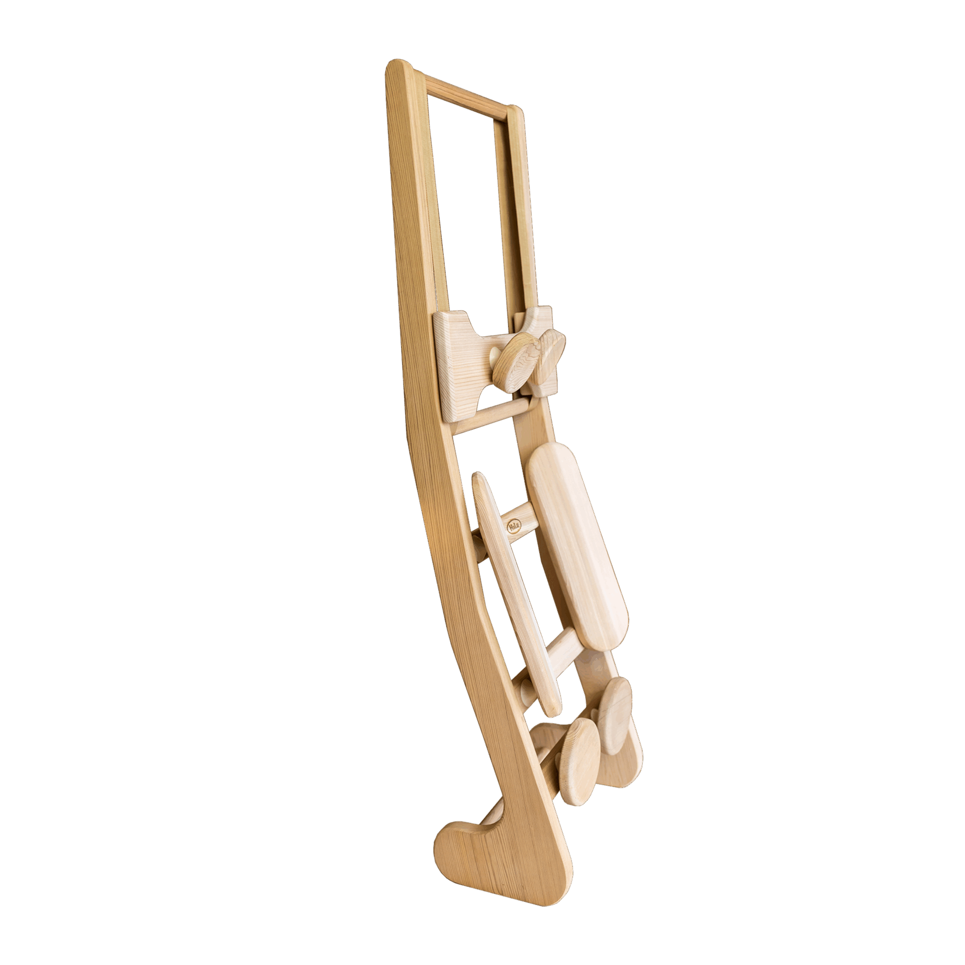 Curved wooden balance board with integrated exercise components.