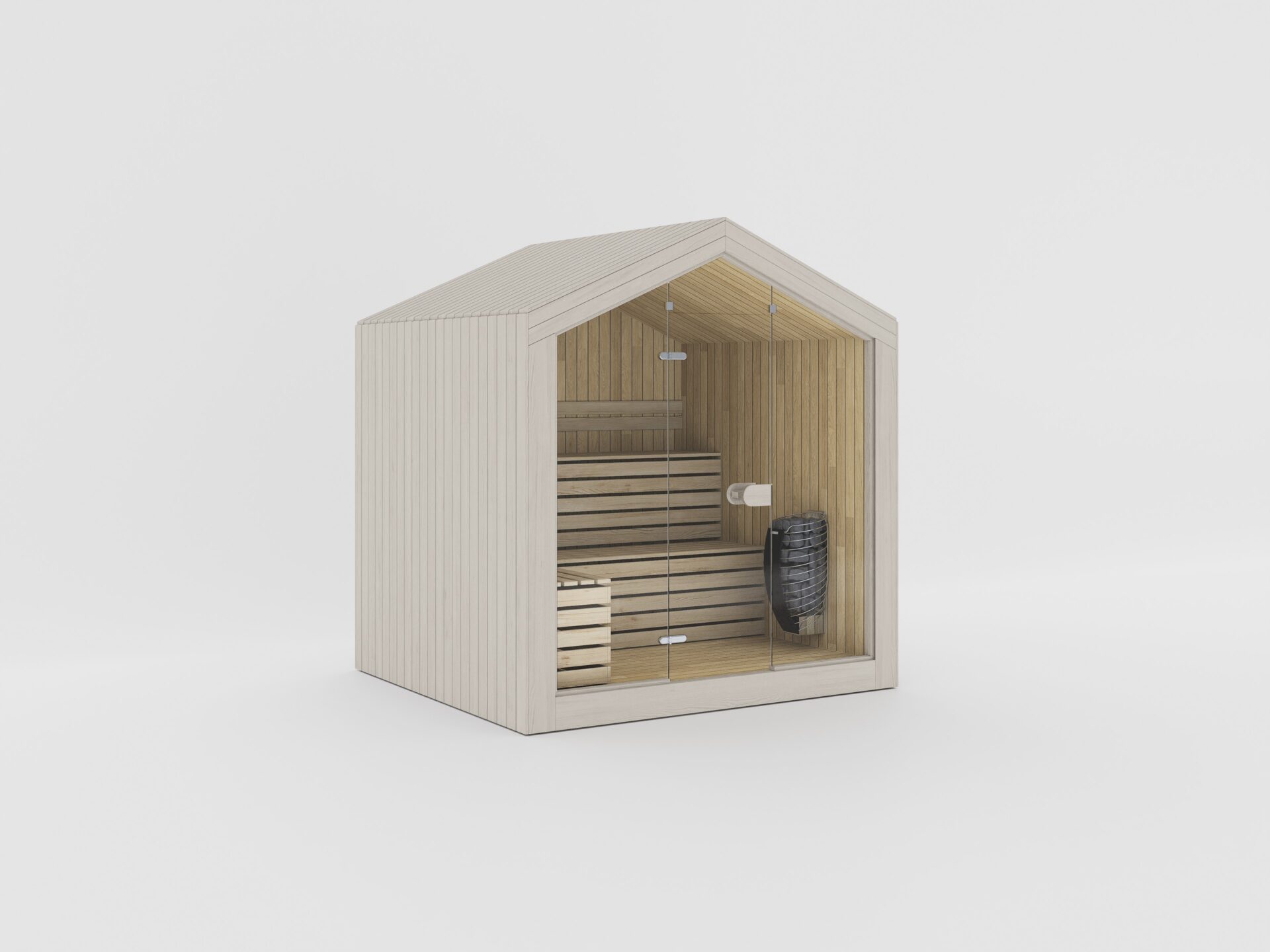 Small modern wooden sauna cabin with interior benches, heater, and soft lighting.