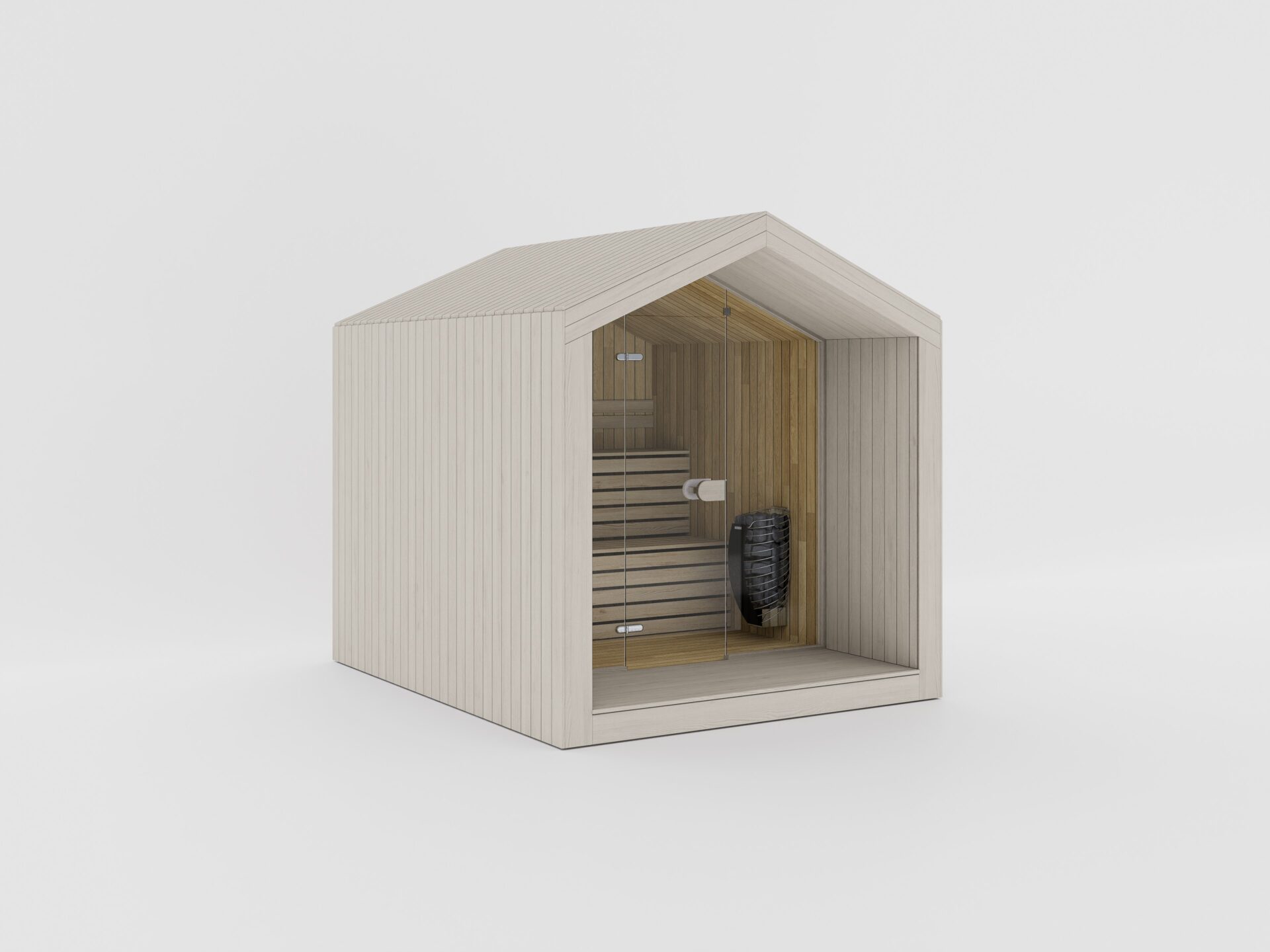 Large modern wooden sauna cabin with interior benches, heater, and soft lighting.