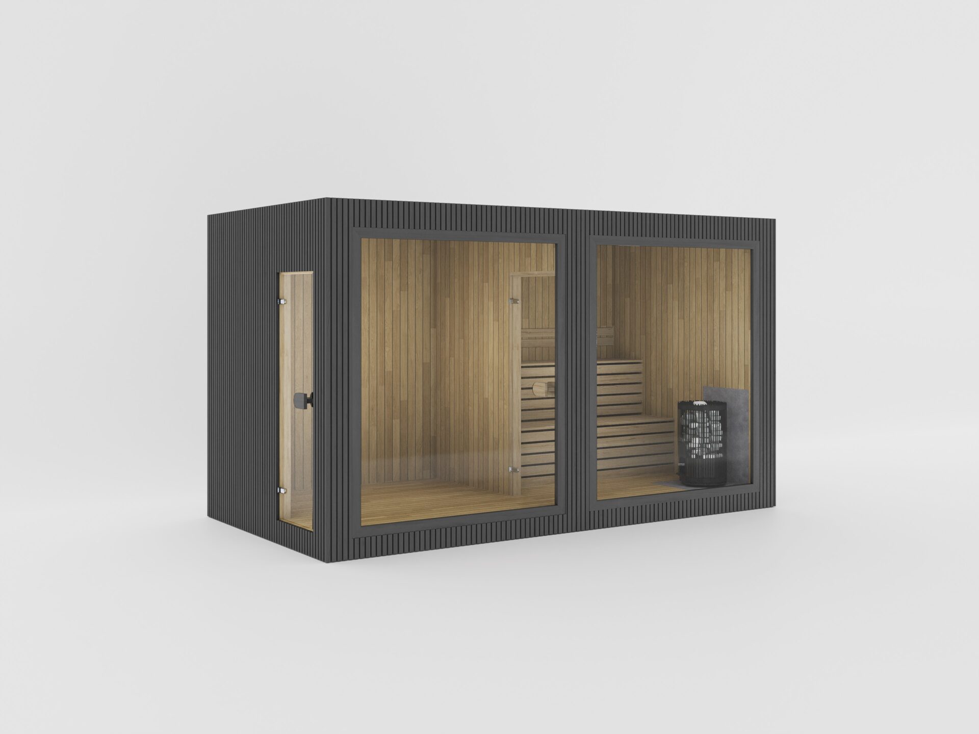 Compact beige wooden sauna cabin with open front revealing benches and a heater.