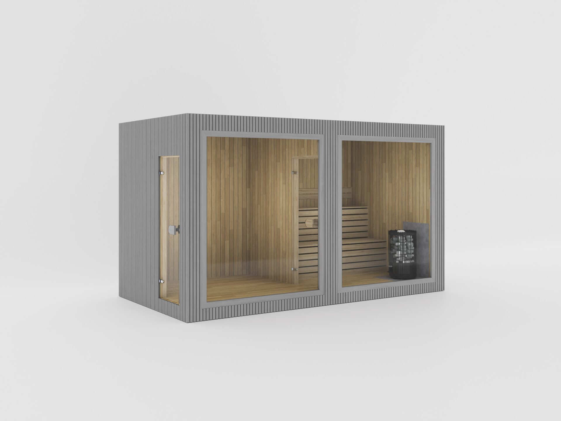 Compact beige wooden sauna cabin with open front revealing benches and a heater.